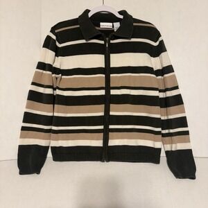 Croft & Barrow Women's Sweater Full  Zip Green, Beige Stripped Sz S 100% Cotton